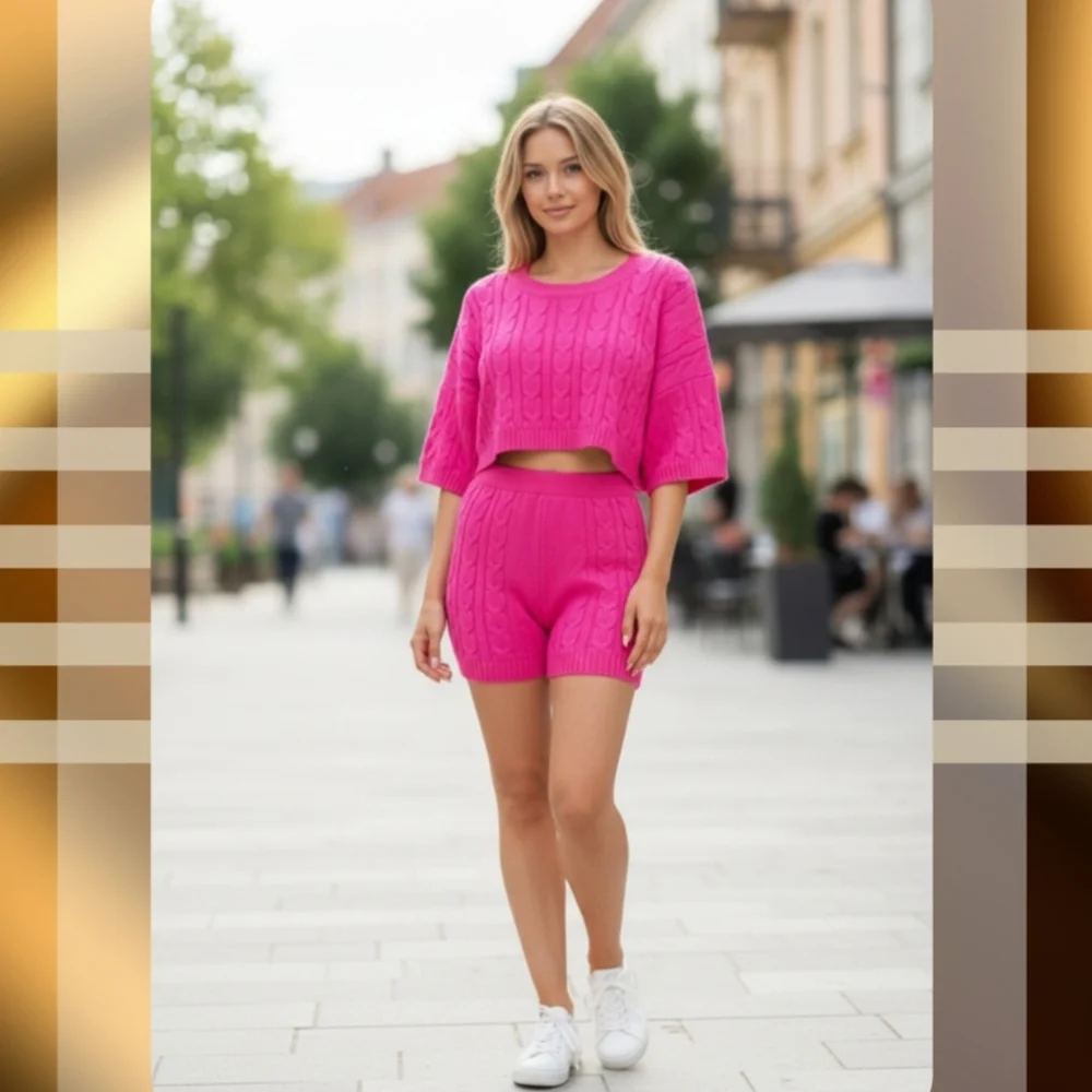 Fuchsia- 2pc Knit Shorts Set - Picture 1 of 11